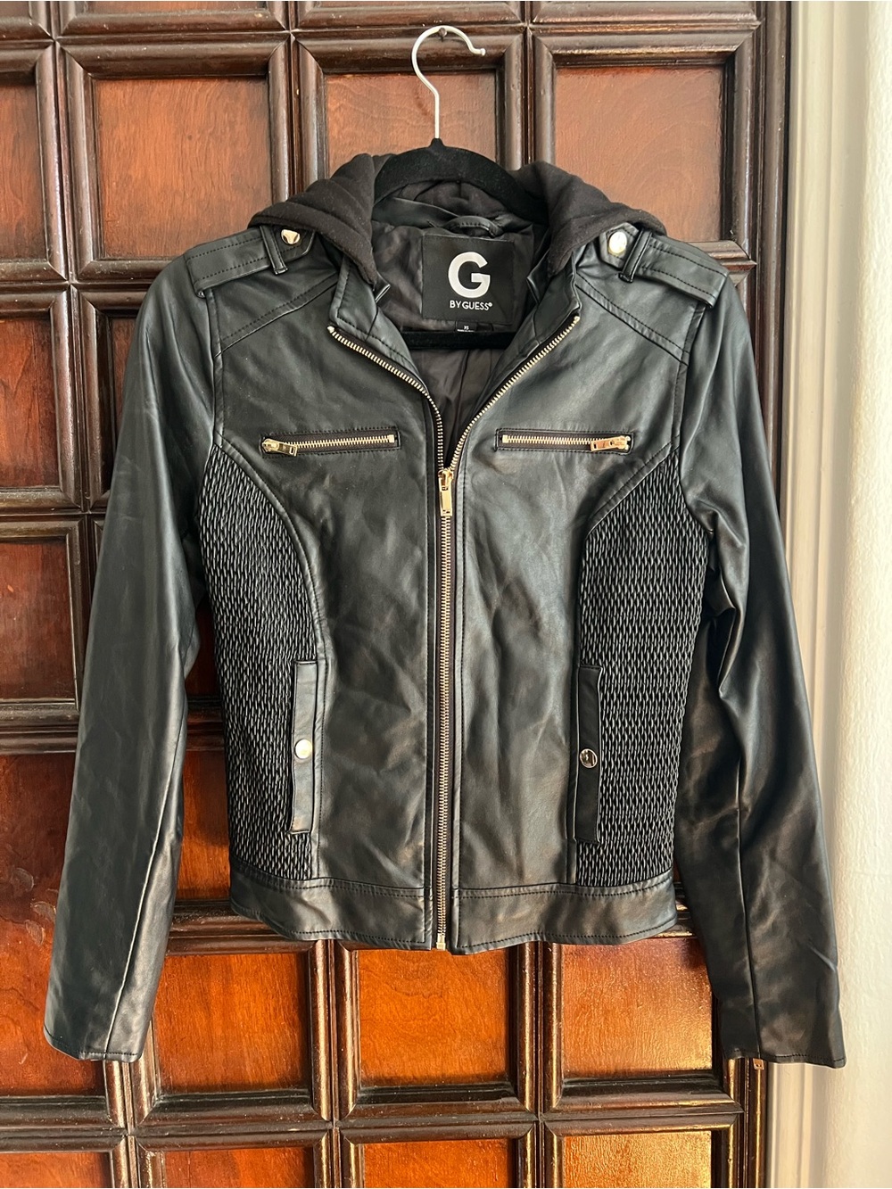 G by Guess Black Faux Leather Hooded Moto Jacket